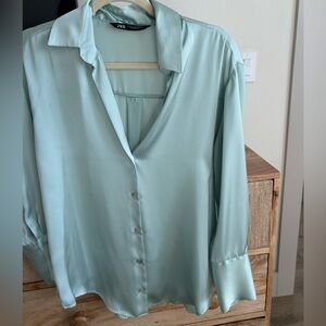 Zara Women's Silk Button Down Shirt in Mint Green